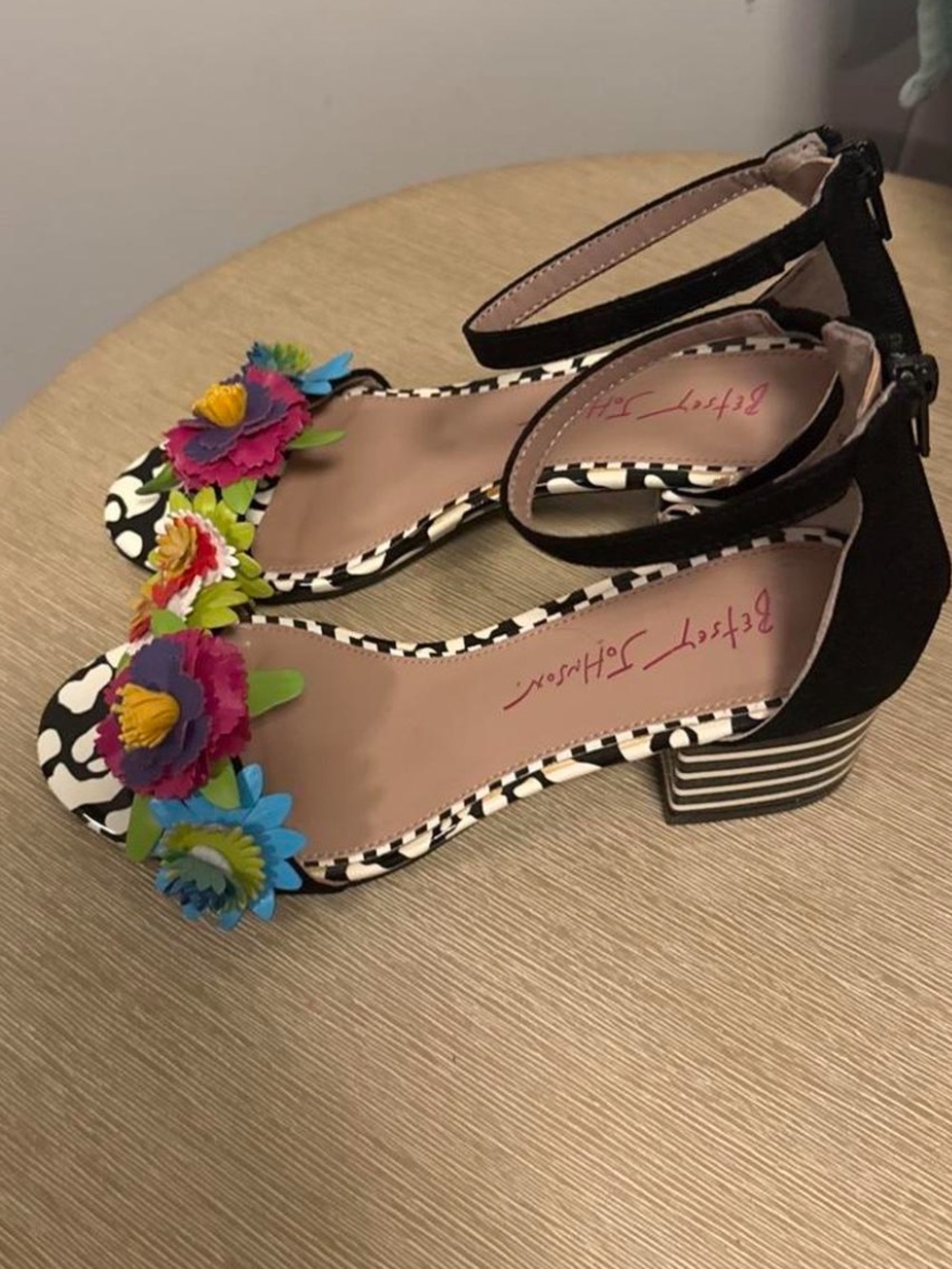 Betsey Johnson Black Floral Multicolor Ankle-Strap Block Heels
